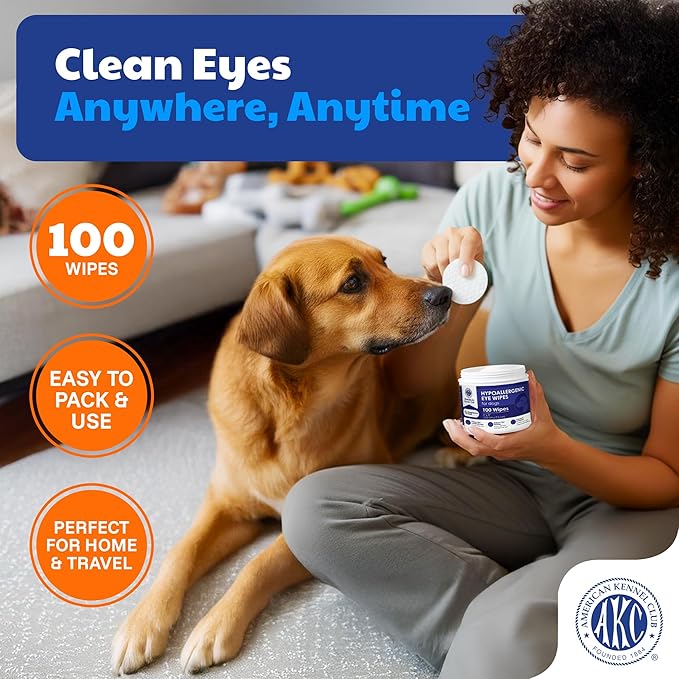 AKC Pet Eye Wipes for Dogs & Cats – Tear Stain Remover & Eye Discharge Cleaner – Hypoallergenic Grooming Wipes, 100 Count (Unscented) AKC 3 * 3" PET Eye Wipes UNSCENTED 100 Count