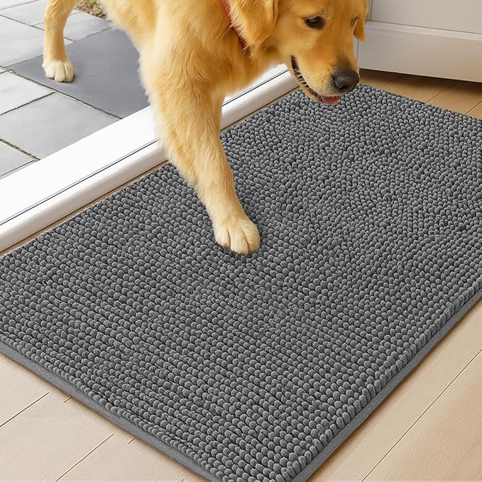 MudGuard Mat™ Dog Door Mat for Muddy Paws, Super Absorbent Microfiber, Non-Slip Indoor Mat, Quick Dry Chenille Mud Mat for Dogs & Entryway, Washable, Grey 36" x 60"