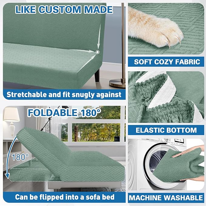 ZNSAYOTX Stretch Fit Futon Cover (67"-82") Armless Futon Sofa Bed Slipcover with Elastic Band, Universal Foldable Sofa Mattress Protector Full Queen Size, Washable Comfort Jacquard (Pea Green)