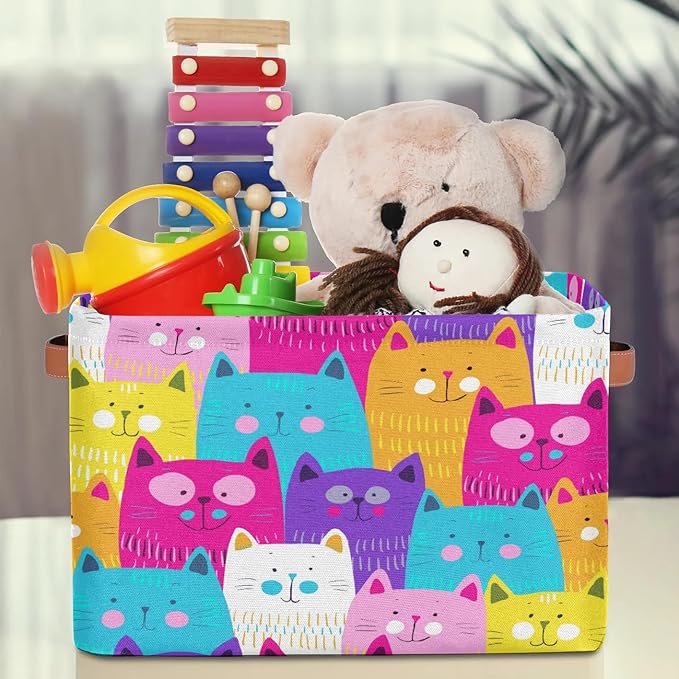 Cute Cats Colorful Storage Bins Cubes Collapsible Fabric Storage Baskets Toy Organizer with Handles for Book Office Shelf Shelves