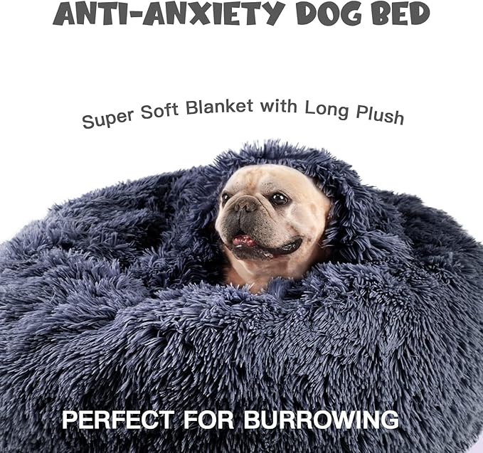 Himax Medium Dog Bed, Round Dogs Beds with Blanket Attached, Comfort Fluffy Calming Dog Bed Washable (20"/26"/35") Deep Grey