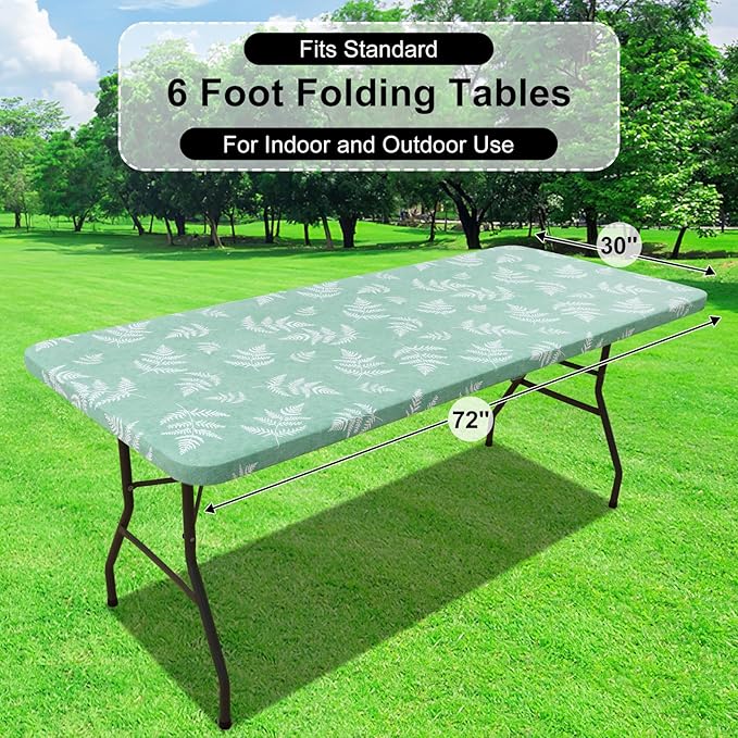 misaya Rectangle Vinyl Tablecloth, Fitted Table Cover, 100% Waterproof, Elastic Edge, Plastic Table Cloth Fit 6 Foot Folding Tables for Picnic, Camping, Outdoor (Light Green Leaves, 30x72 inch)