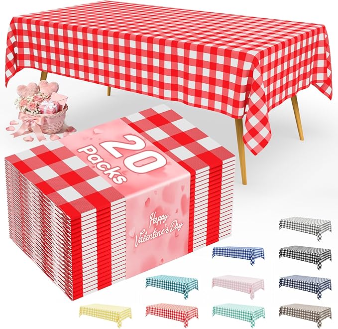 Smiry 20 Packs Gingham Disposable Table Cloth, 54 x 108 Inch Waterproof Plastic Tablecloth, Rectangle Red and White Checkered Table Covers for Outdoor, Picnic, Birthday, Party