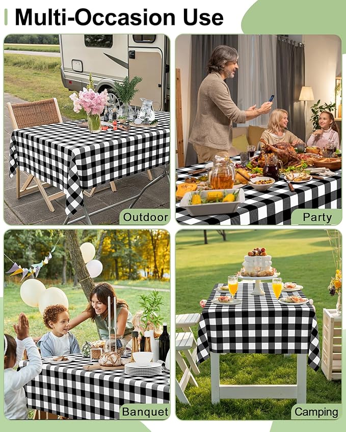 Smiry 8 Packs Gingham Disposable Table Cloth, 54 x 108 Inch Waterproof Plastic Tablecloth, Rectangle Black and White Checkered Table Covers for Picnic, Birthday, Party