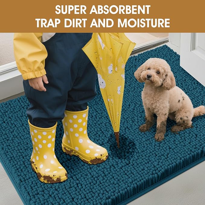 IM HOME Dog Door Mats for Muddy Paws, 30" X 20" Chenille Absorbent Doormat, Non Slip Heavy Dog Rugs for Muddy Paws, Soft Indoor Door Mat for Entryway, Mud Paw, Inside Floor, Teal Blue