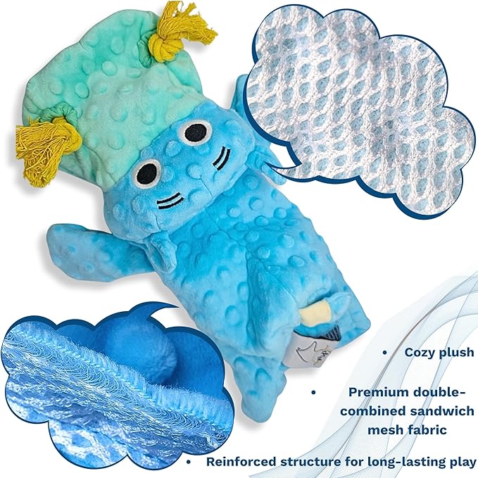 4 in 1 Squeaky Dog Toy – No Stuffing Dog Toy - Big Squeaker, Ropes and Surprise ball-like play item for Small, Medium & Large Breeds–for Chewing, Teething & Fetch–Durable Pet-Safe Materials-Blue Hippo