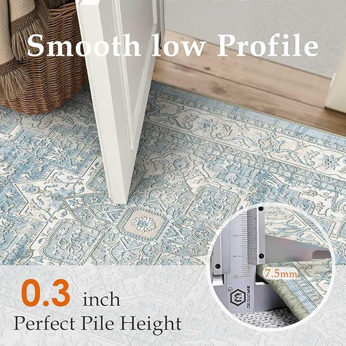5x7 Washable Vintage Area Rug Blue Oriental Living Room Bedroom Throw Rug Neutral Non Slip Soft Low Pile Carpet for Dining Room Office Nursery Indoor