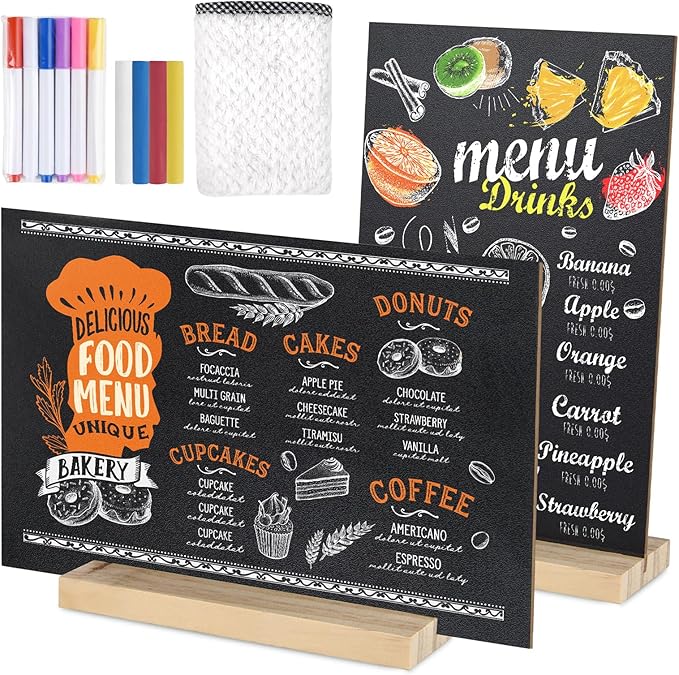 2 Packs Small Chalkboard Sign 5.1x7.9 Inch With Wood Base Double-Sided Message Boards Menu Stand for Kitchen Wedding Bar and Restaurant, Black-2