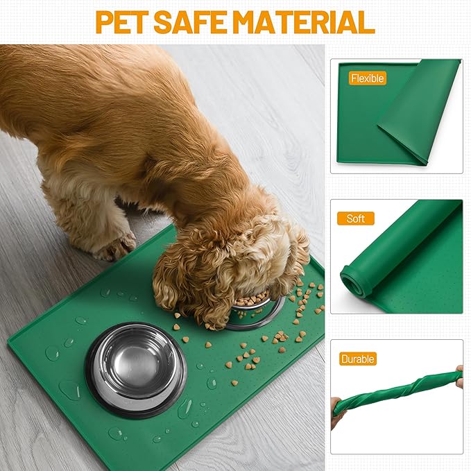 Hubulk Dog Feeding Mat,100% Waterproof Food Grade Silicone Pet Food and Water Bowl Placemat,Dishwasher, High Raised Edge to Prevent Spills,Nonslip Tray to Stop Messes on Floor（24"x16"x0.5",Hunter ）