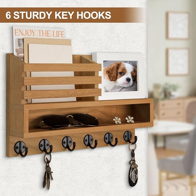 Lucundm Key and Mail Holder Wall Mount, Key Hanger with Long Storage Box and Key Hooks for Coat, Dog Leash, Home Decor Rack, House Accessories, Entry Way Organizer