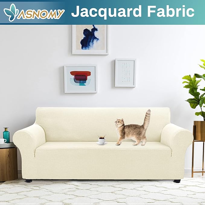 Asnomy Couch Covers for 3 Cushion Couch Stretch Sofa Covers Slipcovers, Pet Protector Furniture Covers for Dogs Cats Spandex Jacquard Fabric Small Checks （Large，Off-White）