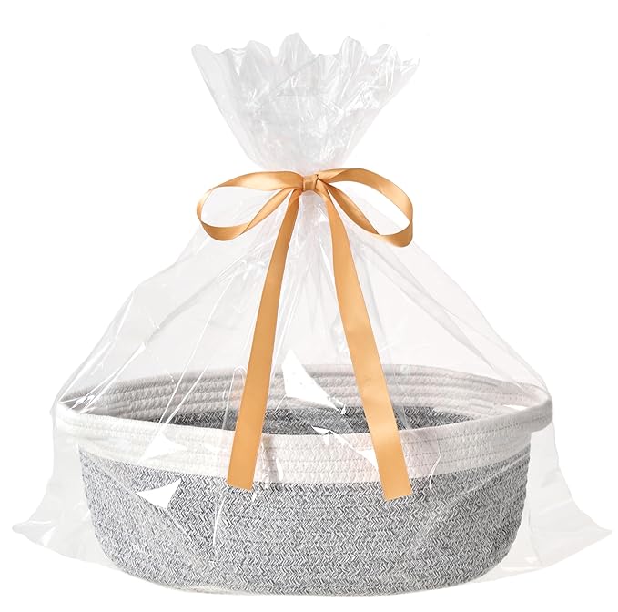 Small Woven Gift Basket Empty with Bag & Ribbon - Gifts for Mom, Baby Shower, Birthdays & Raffle - Cotton Rope Storage Basket for Dog Toys or Shelf - 12"x8"x5", White & Gray