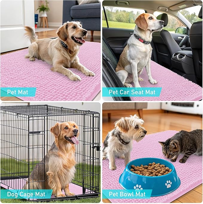 OLANLY Dog Door Mat for Muddy Paws 40x24, Absorbs Moisture and Dirt, Absorbent Non-Slip Washable Doormat, Quick Dry Chenille Mud Mat for Dogs, Entry Indoor Entryway Carpet for Inside Floor, Pink