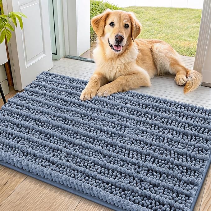 Smiry Dog Door Mat for Muddy Paws 36x24, Extra Soft Absorbent Chenille Doormat, Trap Moisture and Dirt, Non-Slip Machine Washable Front Door Mat for Indoor Entrance Inside Floor, Airy Blue