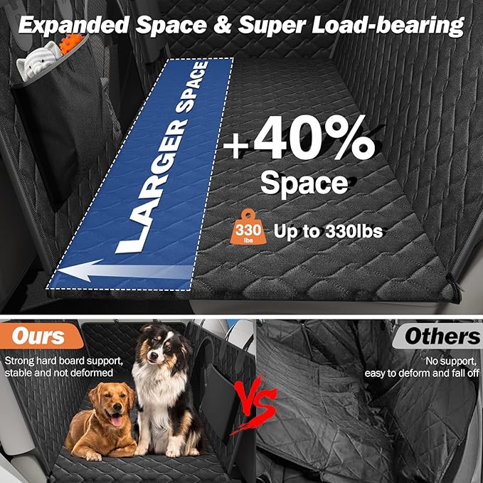 Back Seat Extender for Dogs, Dog Car Seat Cover for Back Seat Hard Bottom - Holds 330lbs Waterproof Cover for Dogs with Mesh Window & Pocket, Dog Hammock for Car, Small Truck, Black + Black