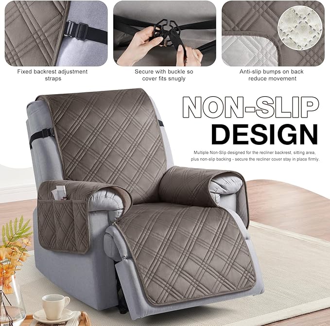 TAOCOCO 100% Waterproof Recliner Chair Cover, Velvet Recliner Covers for Recliner Chair with Pocket, Non Slip Reclining Chair Cover Furniture Protector for Kids, Pets(30'', Chocolate)