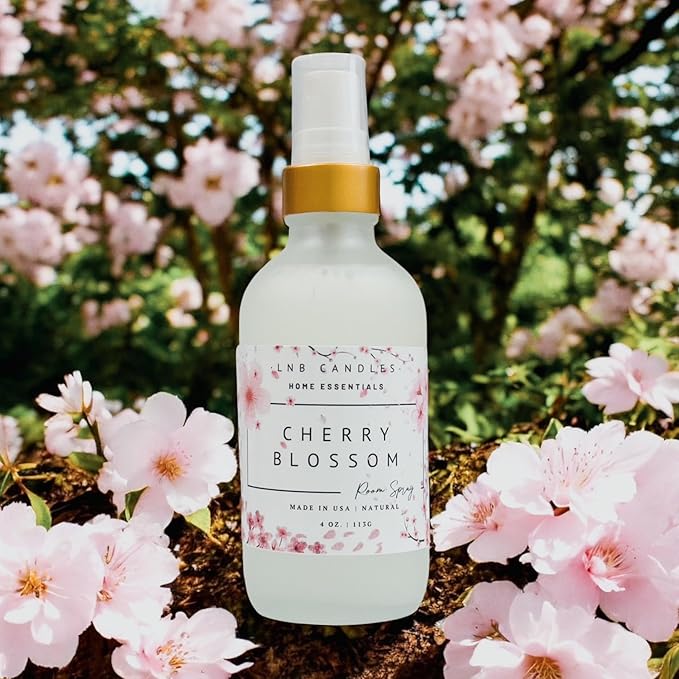 Cherry Blossom Room and Linen Spray Made In USA Clean Ingredients Essential Oils Long Lasting Scent AIr Freshener Glass Bottle Pet Safe