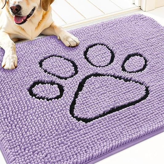 OLANLY Dog Door Mat for Muddy Paws 30x20, Paw Print Design, Absorbs Moisture and Dirt, Absorbent Non-Slip Washable Doormat, Quick Dry Chenille Mud Mat for Dogs, Entry Indoor Entryway Carpet, Lavender