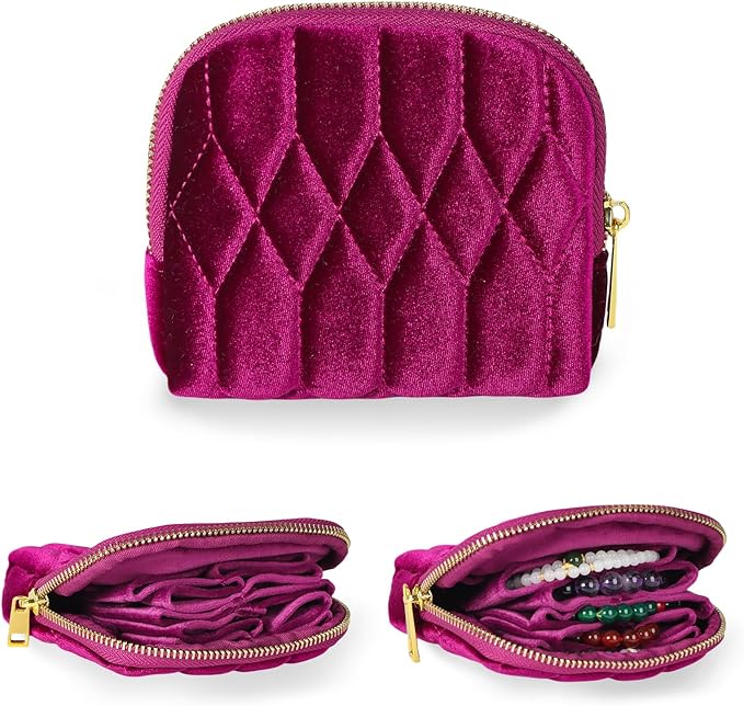 Small Travel Jewelry Case, Mini Travel Jewelry Bag with Zipper, 5-Layer Velvet Organizer Pouch for Bracelet Rings Earrings - Diamond Stitched Velvet Rose Purple