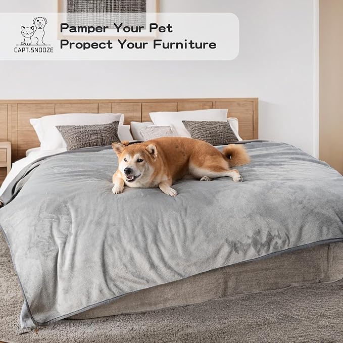 CAPT.SNOOZE Waterproof Dog Blankets Light Grey Pet Blanket 60"x80", Soft Fluffy Sofa Car Bed Protector, Reversible Leakproof Flannel Washable Dog Blanket for Large Dogs