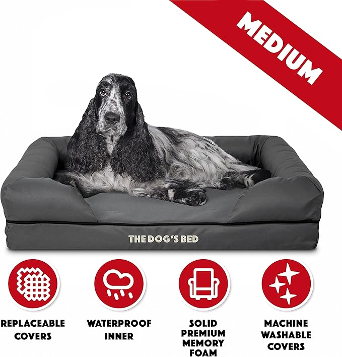 The Dog’s Bed Medium Oxford Grey, Memory Foam, Pain Relief: Arthritis, Hip & Elbow Dysplasia, Post Surgery, Lameness, Supportive, Calming, Waterproof Washable Cover