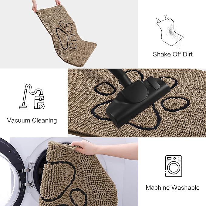 Smiry Dog Door Mat for Muddy Paws, Absorbent Dirt Trapper Non Slip Quick Dry Washable Chenille Mat for Mud Dogs, Entry Rug for Indoor and Outdoor (70x32 Inches, Camel and Black)