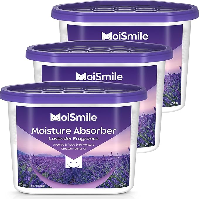 Moisture Absorbers 3 Pack, Lavender Fragrance Closet Dehumidifier for Bathroom, Car ＆ Basement, 10.5 oz Refillable Humidity Absorber Boxes