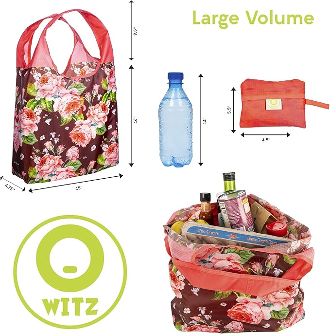 O-WITZ Reusable Grocery Bags | Vibrant Tote Bag For Groceries, Gym, Office, Beach & More | Washable Design With Large Handles For Maximum Convenience | Folds Into A Small Pouch, 5 Pack, Vintage Vibes