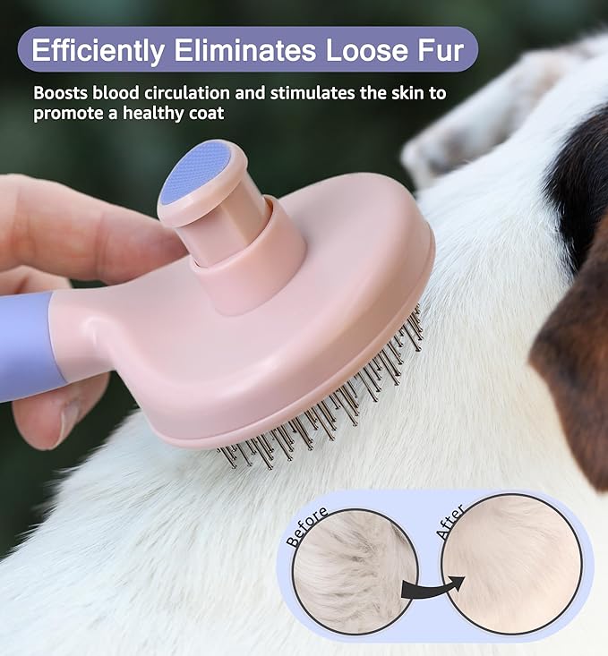 IPTPAS Pet Self-Cleaning Slicker Brush for Dogs & Cats, Deshedding Grooming Comb, Removes Loose Undercoat Hair & Mats, Skin-Friendly Massaging Tool for Long/Short Fur, Large & Small Breeds (Purple)