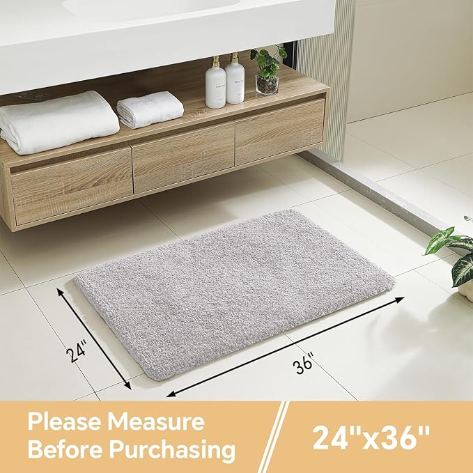 Light Gray Bathroom Rugs 24"x36" - Fluffy Microfiber Bath Mat, Non Slip and Absorbent Bathroom Floor Mat, Machine Washable Plush Rug - Ideal for Tub, Cabinet or Washroom