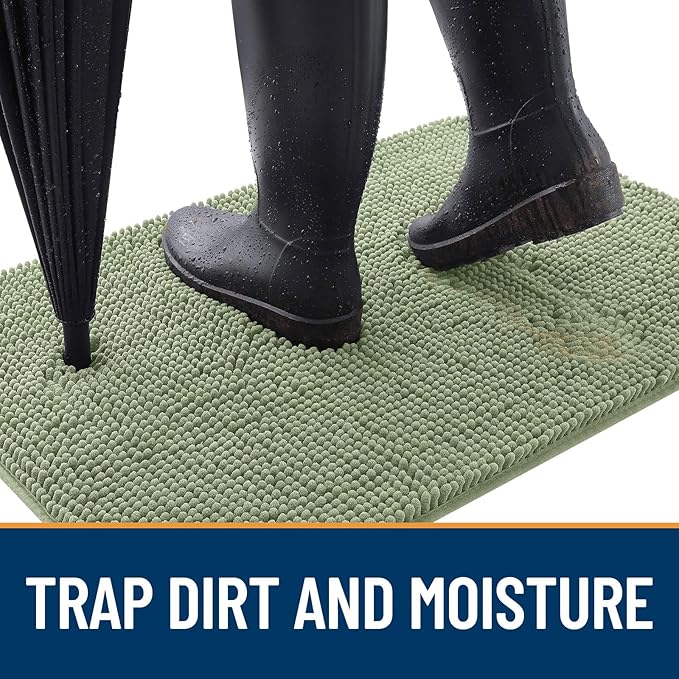 OLANLY Dog Door Mat Set 2-Piece 24x16, Absorbs Moisture and Dirt, Absorbent Non-Slip Washable Doormat, Quick Dry Chenille Mud Mat for Dogs, Entry Indoor Entryway Carpet for Inside Floor, Sage Green