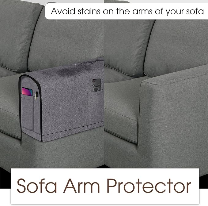 Joywell Recliner Narrow Linen Armrest Covers for Living Room Anti-Slip Sofa Arm Protector for Dogs, Cats, Pets Armchair Slipcover for Couch with 4 Pockets for TV Remote Control, Phone, Set of 2, Gray