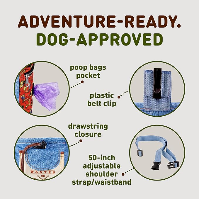 INSPECTOR TAIL Dog Treat Pouch w Drawstring to Prevent Spills | 2 Cup Tote | Hands Free w 4 Ways to Wear Puppy Bag w Pockets for Snacks Poop Bags Keys & Cards | Pet Training Walking & Rewarding Holder