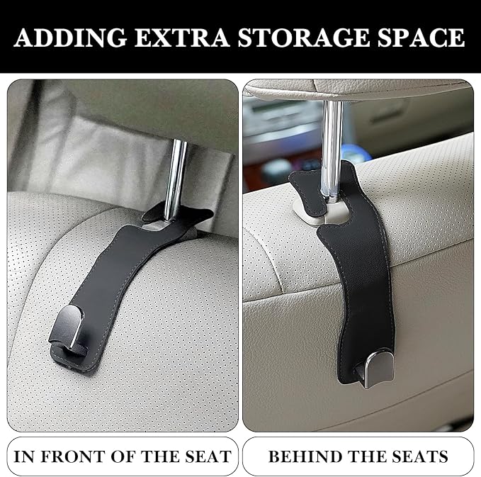 Headrest Hooks for Car - Leather Hanger with Metal Hooks for Seat Back Storage & Purses (Black, 2-Pack)