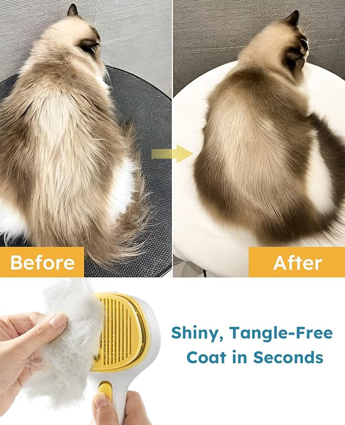 3-in-1 Anti-static Cat Steam Brush & Deshedding Tool - Cat Brush for Long/Short Hair, Reduces 95% Shedding, Easy Clean Grooming Supplies for Pet Owners (Yellow - Short Head and Long Head)