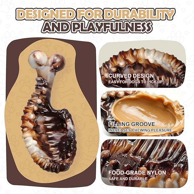 Dog Chew Toys for Aggressive Chewers,3 PCS Tough Dog Toys for Medium and Large Breed, Real Bacon Flavored Best Dog Toys to Keep Them Busy, Reduce Boredom, Dog Bones for Teeth Cleaning (Brown)