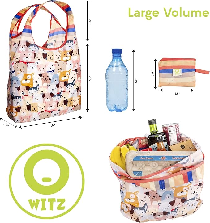 O-WITZ Reusable Grocery Bags | Vibrant Tote Bag For Groceries, Gym, Beach Gear, Toys & More | Washable Design With Large Handles For Maximum Convenience | Folds Into A Small Pouch, 3 Pack, Dogs