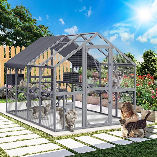 LOVMOR 110" Large Outdoor Wooden Catio, Outdoor Cat House Cat Enclosures, Weatherproof Cover roof, Two Small Sliding Doors, 2 x Bridges, 2 x Sleeping Houses, 7 x Cat Walks