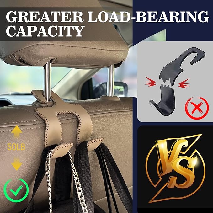 Upgraded Headrest Hooks for Purses and Bags, 2 in 1 Car Back Seat Head Rest Hanger Matching Cars Interior Genuine Leather Vehicle Storage Holder Hook, 2 Pack, Beige