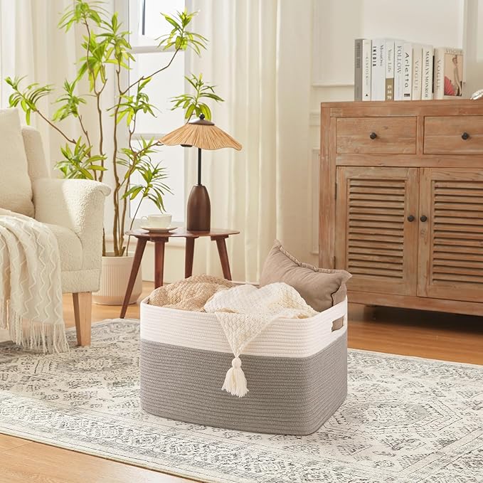 SIXDOVE 75L Large Blanket Basket, Toy Basket Bin for Kids, Cotton Rope Woven Storage Baskets for Living Room, Bedroom, Nursery, Baby Room Decorative Organizer, 22''×17''×12'', Grey and White