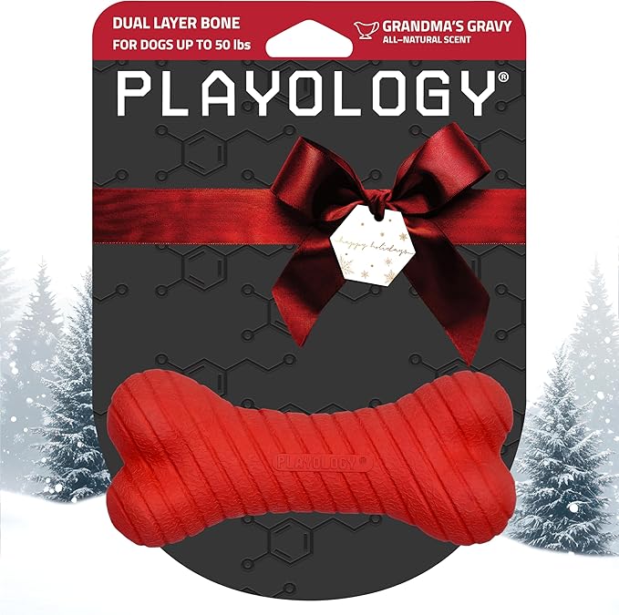 Playology Dog Toys | Dual Layer Bone Durable Chew Toy Bone for Dogs | Medium Grandma's Gravy Scented Toy - Easy to Clean and Made from Non Toxic Materials