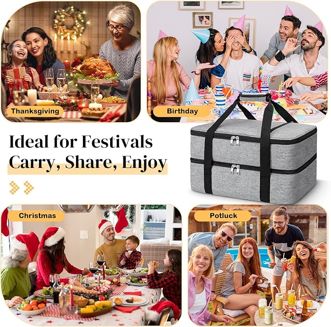 Coobiiya Double Decker Insulated Casserole Carrier – Portable Tote for Hot or Cold Food, Warmer & Cooler Bag Lunch Bag, Fits 9" x 13" Baking Dish, Ideal for Potluck Parties
