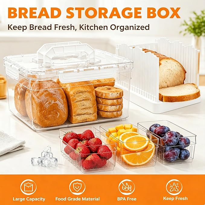 Bread Box with Slicer & Ice Chilled Condiment Caddy, Portable Airtight Bread Storage Container with Lid Handle for Kitchen Counter, Bread Keeper for Homemade Bread,Toast, Bagel, Cookies, White