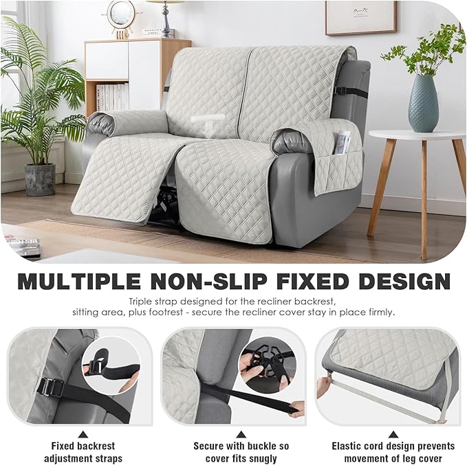 TAOCOCO 100% Waterproof Recliner Couch Covers, Recliner Sofa Covers with Leg Straps, 1-Piece Washable Reclining Sofa Cover with Pocket Couch Protector for Pets Kids(2 Seater, Off White)