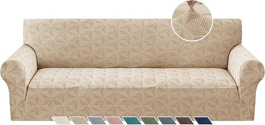 YEMYHOM 1 Piece Stretch Oversized Couch Covers for 4 Seat, Jacquard Extra Large Sofa Cover with Non-Slip Elastic Bottom, Thickened Slipcover Furniture Protector for Dogs Pets (X-Large, Khaki）
