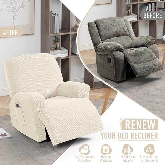 TAOCOCO Recliner Cover 4-Pieces, Recliner Stretch Sofa Slipcover, Recliner Cover 1 Seat, Couch Protector Soft, Furniture Protector Covers with Elastic,Chair Covers Jacquard Pattern (Beige)
