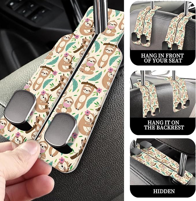 PU Leather Car Seat Hook, Storage Headrest Hanger, Cute Car Backseat Organizer, Car Hooks For Purses and Bags Cute Sloth Pattern