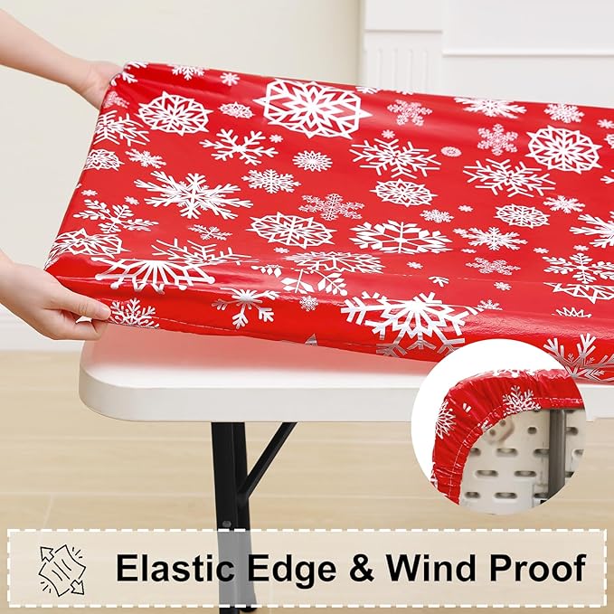 misaya Rectangle Vinyl Tablecloth, Fitted Table Cover, 100% Waterproof, Elastic Edge, Flannel Backing, Plastic Table Cloth Fit 6 Foot Folding Tables for Christmas Dinner (Red Snowflake, 30x72 inch)