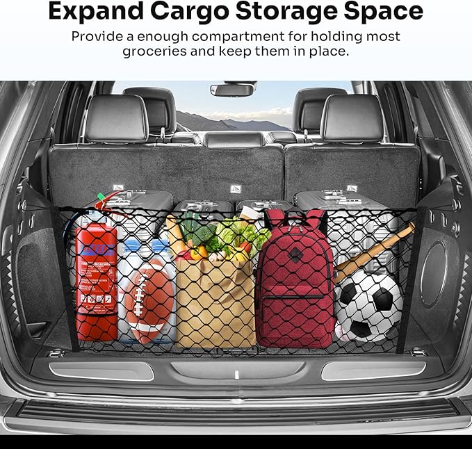 Trunk Cargo Net for 2011-2021 Jeep Grand Cherokee Accessories Envelope Style Mesh Trunk Net Organizer and Storage Stretchable Adjustable Elastic Nylon Rear Cargo Netting with Hooks