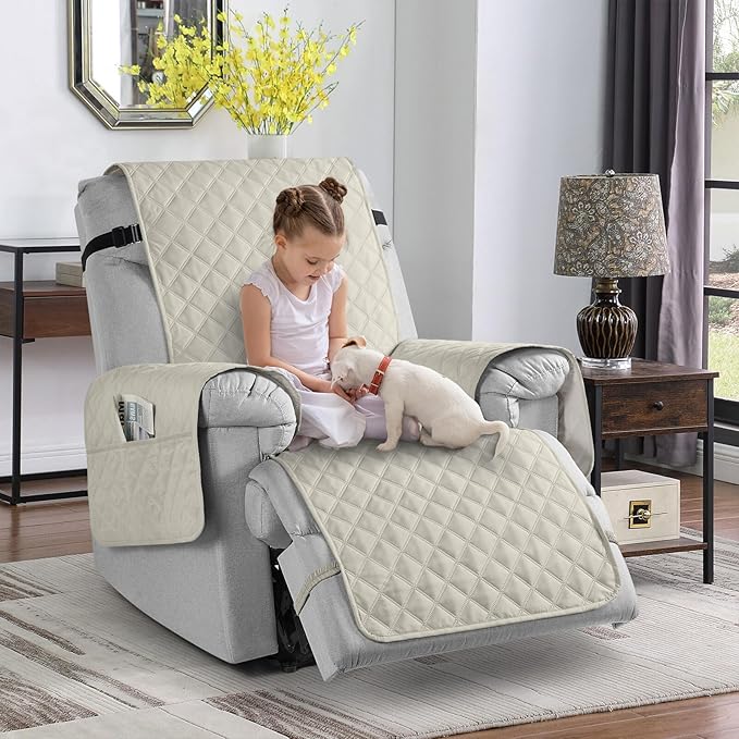 TAOCOCO Waterproof Recliner Chair Covers with Leg Strap 1 Piece Oversized Recliner Covers for Large Recliner for Pets Kids, Washable Reclining Chair Furniture Protector(28'' Oversized, Ivory)